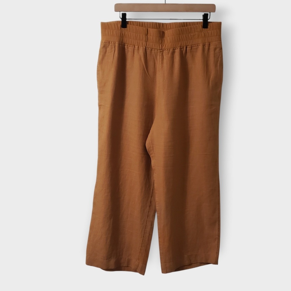 Soft Surroundings Linen Wide Leg Pants Pull On Petite Large Ochre Brown Eartgy